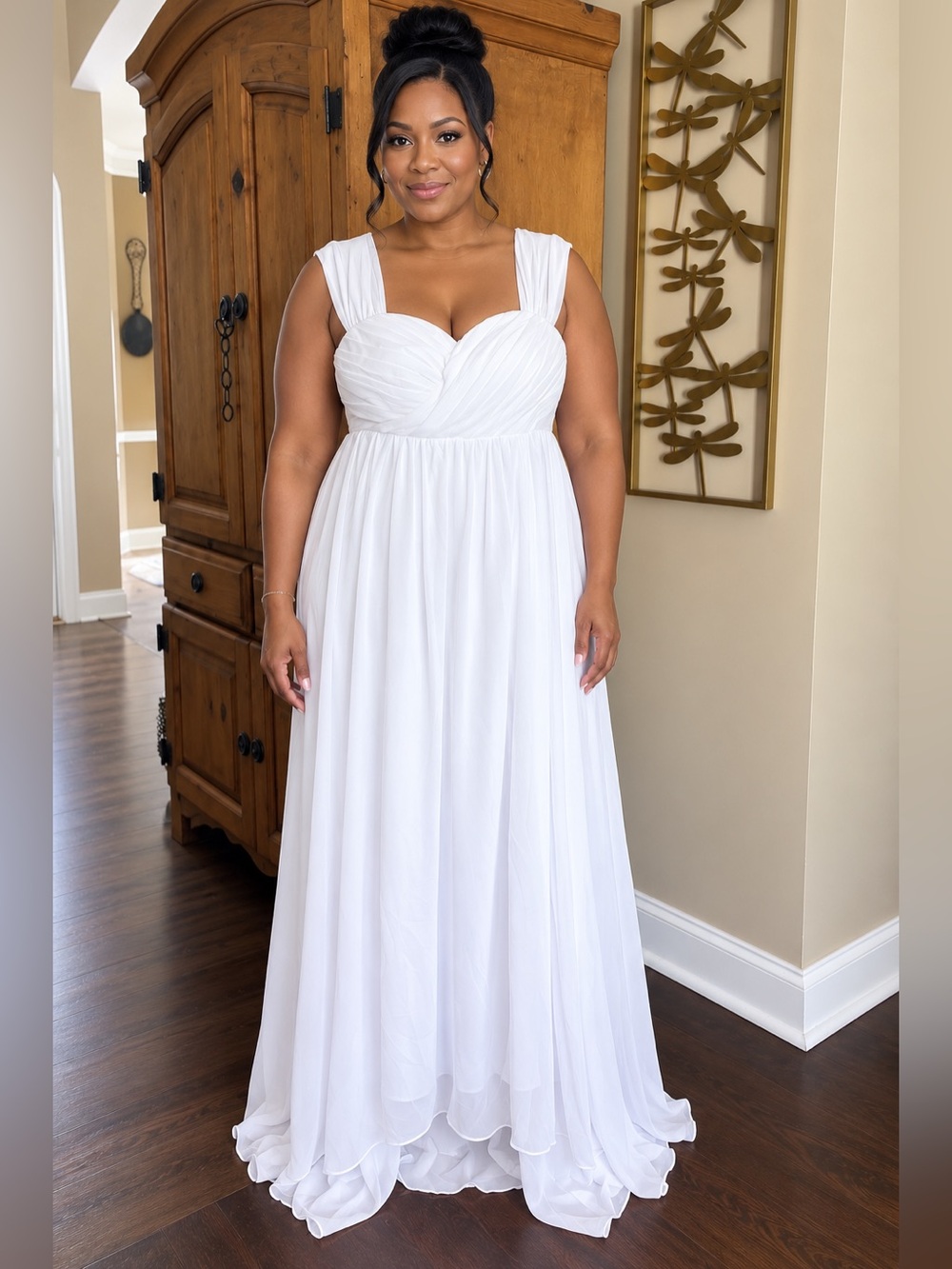 White Chiffon Empire Waist Wedding Dress with Wide Straps with Corset Back - Picture 1 of 7